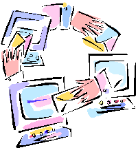 Three computers oriented in a circle, with mail and messages flowing from one to the other.